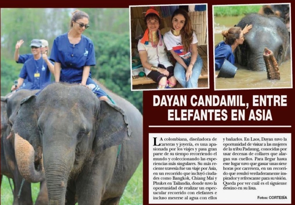 Magazine page: “Dayan Candamil, entre elefantes en Asia”, with photos of Dayan riding and bathing elephants and visiting Laos